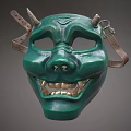 Green Traditional Mask With Horns Leather Straps And Decorative Facial Details