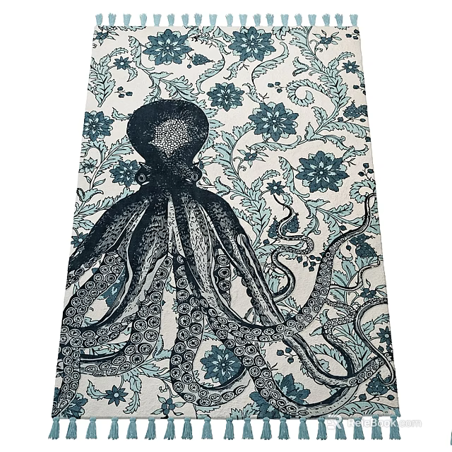 Square Rug With Octopus Design Floral Vine Blue And White Decorative Home Accent 3d model 