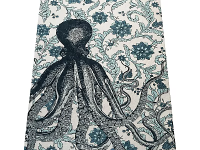Square Rug With Octopus Design Floral Vine Blue And White Decorative Home Accent 3d model