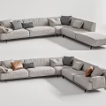 Modern Light Gray Sectional Sofa With Mixed Color Cushions And Throw Blanket 3d model
