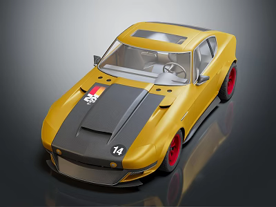Yellow And Black Racing Car With Red Wheels And Numbers 55 14 3d model