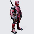 Deadpool Game and Movie Character in Red and Black Suit with Utility Belt and Swords