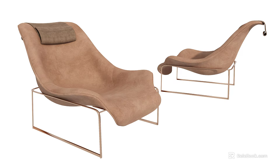 Two Brown Upholstered Lounge Chairs with Metal Frame and Modern Design 3d model 