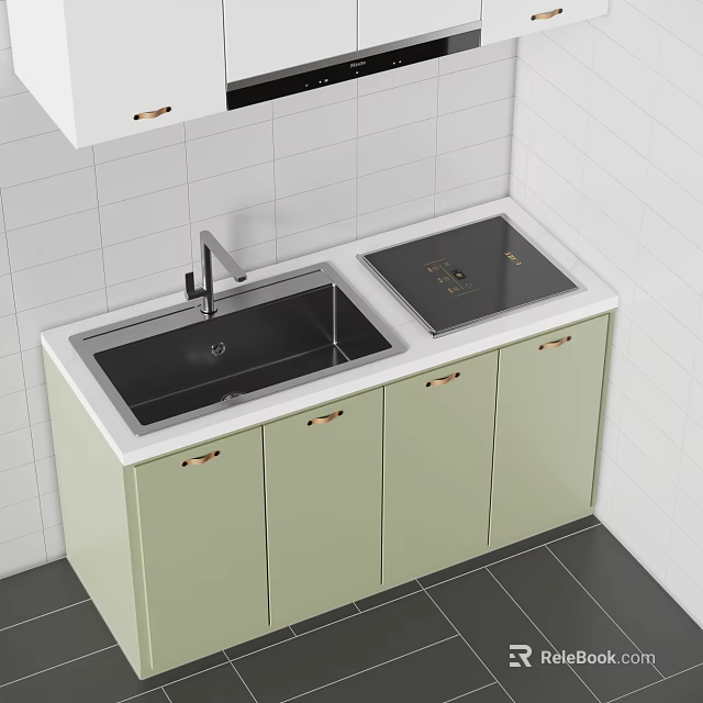 Modern Kitchen Sink with Light Green Cabinets Gold Handles and Black Countertop 3d model 