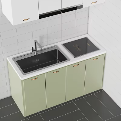 Modern Kitchen Sink with Light Green Cabinets Gold Handles and Black Countertop 3d model