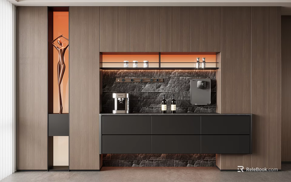 Modern Wooden Wine Cabinet Interior Design With Stone Wall And Coffee Machine 3d model 