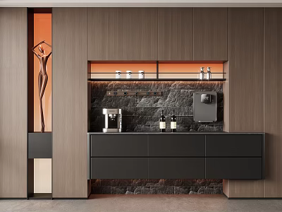 Modern Wooden Wine Cabinet Interior Design With Stone Wall And Coffee Machine 3d model