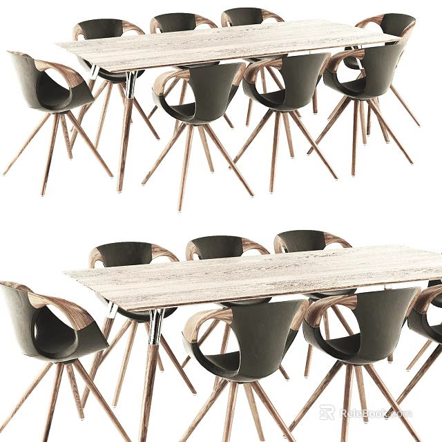 Modern Dining Table Set With Wooden Legs And Curved Back Chairs 3d model 