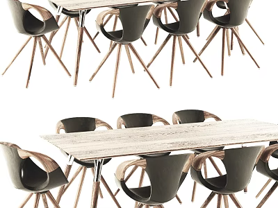 Modern Dining Table Set With Wooden Legs And Curved Back Chairs 3d model