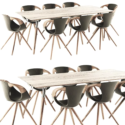 Modern Dining Table Set With Wooden Legs And Curved Back Chairs 3d model