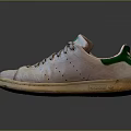 White Classic Sneakers With Green Logo Accents And Distressed Worn Vintage Design Details