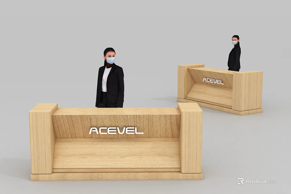 Wooden Reception Desk With ACEVEL Logo And Staff With Face Masks In Modern Office 3d model 