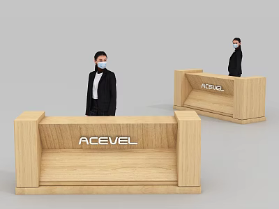 Wooden Reception Desk With ACEVEL Logo And Staff With Face Masks In Modern Office 3d model