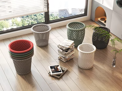 Colorful Household Waste Baskets on Wooden Floor With Stacked Magazines and Window Blinds 3d model
