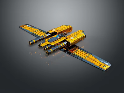 Yellow Metallic Futuristic Mechanical Craft With Multiple Components And Wing Structures 3d model