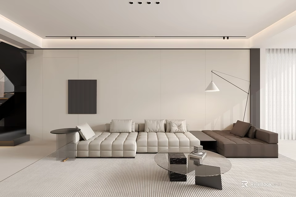 Modern Living and Dining Room Interior With Light Colored Sofa Coffee Table And Floor Lamp 3d model 
