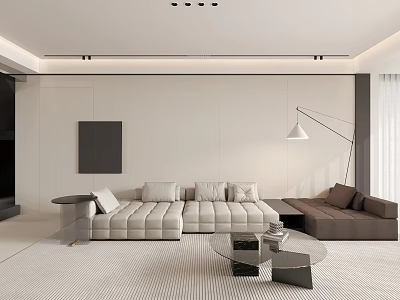 Modern Living and Dining Room Interior With Light Colored Sofa Coffee Table And Floor Lamp 3d model