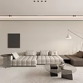 Modern Living and Dining Room Interior With Light Colored Sofa Coffee Table And Floor Lamp