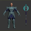 Man Wearing Blue Battle Armor with Glowing Spear and Intricate Design Details