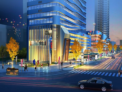 Modern Commercial Street With Tall Illuminated Buildings Pedestrians Cars And Autumn Trees 3d model
