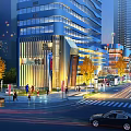 Modern Commercial Street With Tall Illuminated Buildings Pedestrians Cars And Autumn Trees