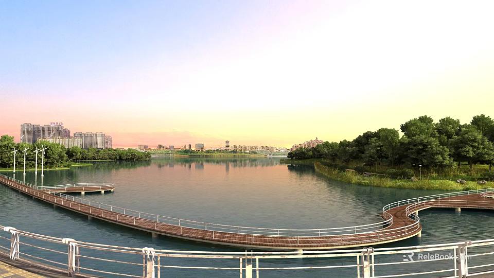 Scenic Lake Landscape With Wooden Boardwalk And City Skyline 3d model 