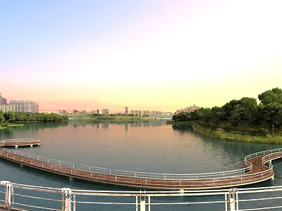 Scenic Lake Landscape With Wooden Boardwalk And City Skyline 3d model