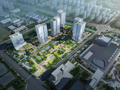 Modern High Rise Office Buildings With Central Green Spaces And Urban Plaza 3d model