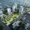 Modern High Rise Office Buildings With Central Green Spaces And Urban Plaza