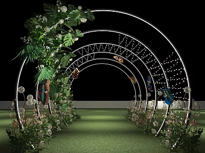 Decorative Event Entrance with Arched Structure Green Plants Fresh Flowers and String Lights 3d model
