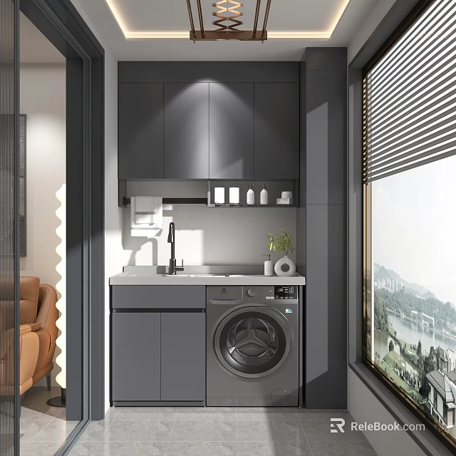 Home Balcony Interior with Gray Cabinets Washing Machine Sink and Window View 3d model