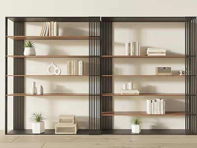 Modern Shelving Unit With Metal Frame And Wooden Shelves Displaying Books Plants And Decorative Items 3d model