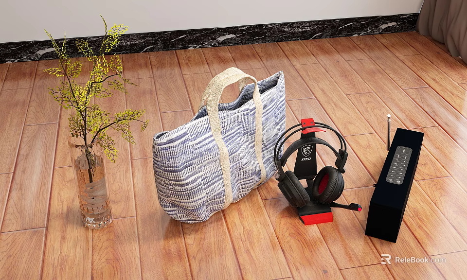 Wireless Headphones And Portable Speaker With Striped Tote Bag And Vase On Wooden Floor 3d model 