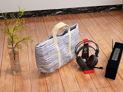 Wireless Headphones And Portable Speaker With Striped Tote Bag And Vase On Wooden Floor 3d model