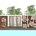 Rust Colored Carved Feature Wall With Natural Plant Patterns Trees And Water Reflections 3d model