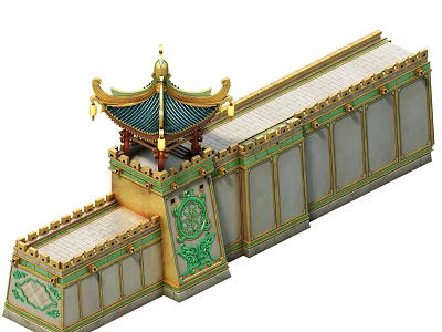 Ancient Chinese Architecture Model With Green Roof Golden Decorations And Carved Wall 3d model