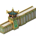 Ancient Chinese Architecture Model With Green Roof Golden Decorations And Carved Wall