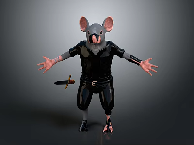 Game Movie Mouse Character In Black Leather Outfit With Dagger And Outstretched Arms 3d model
