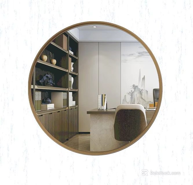 Round Mirror Reflecting Modern Study Room With Bookshelf Desk Chair And Artwork 3d model 