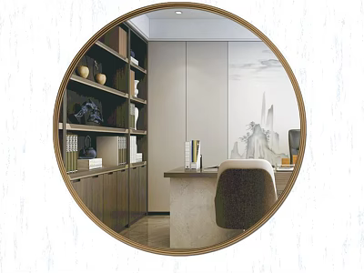 Round Mirror Reflecting Modern Study Room With Bookshelf Desk Chair And Artwork 3d model
