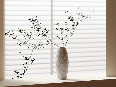 Textured Ceramic Vase With Green Leaf Branches On Windowsill By Window Blinds 3d model