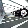 Modern Spacious Exhibition Hall With White Ceiling Strip Lights Blue Line Displays And Gray White Flooring