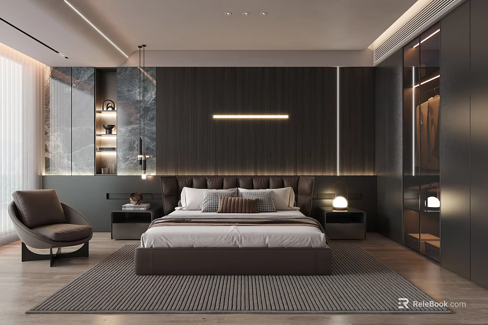 Modern Bedroom Interior With Dark Wooden Wall Upholstered Headboard Bedside Lamps Armchair And Area Rug 3d model 