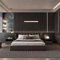 Modern Bedroom Interior With Dark Wooden Wall Upholstered Headboard Bedside Lamps Armchair And Area Rug