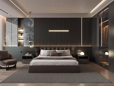 Modern Bedroom Interior With Dark Wooden Wall Upholstered Headboard Bedside Lamps Armchair And Area Rug 3d model