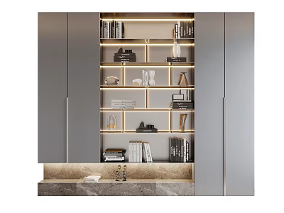 Modern Grey Bookcase With Cabinet Doors Open Shelves LED Lighting Decorations Books On Marble Countertop 3d model