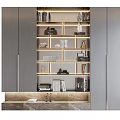 Modern Grey Bookcase With Cabinet Doors Open Shelves LED Lighting Decorations Books On Marble Countertop