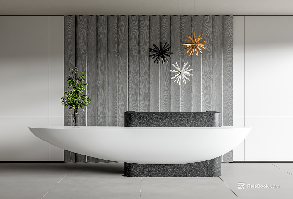 Contemporary Reception Desk With White Curved Top Black Base Green Plant On Grey Wooden Wall 3d model 