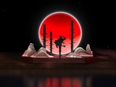 Art Installation Featuring Red Circular Backdrop Silhouette Figure Pillars And Mountain Like Structures With Reflection 3d model
