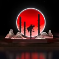Art Installation Featuring Red Circular Backdrop Silhouette Figure Pillars And Mountain Like Structures With Reflection 3d model